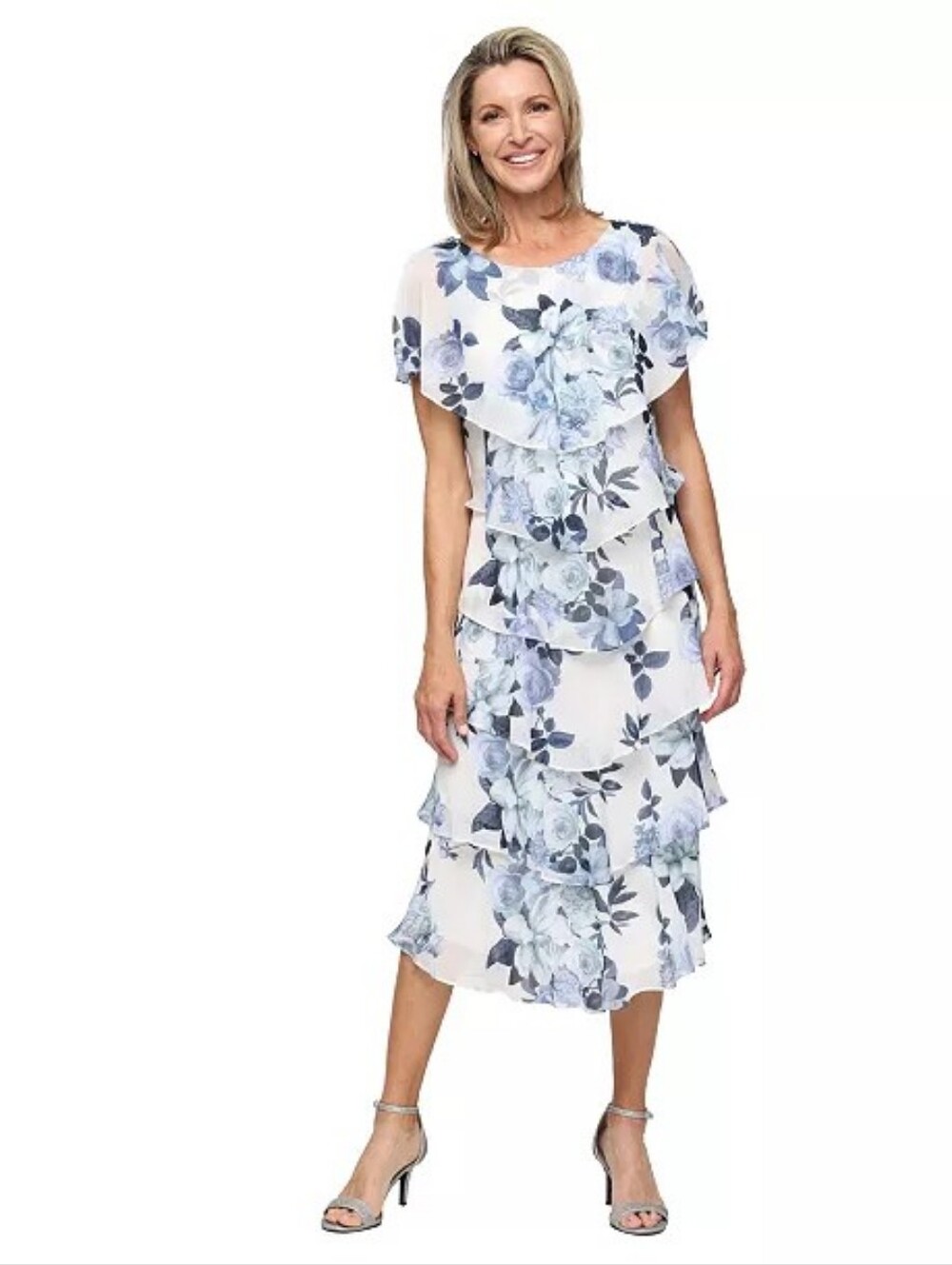 SLNY Blue and White Floral Tiered Midi Dress